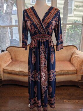 Lapogee Maxi Dress Pink Blue Paisley Deep V-neckline Size XL Bohemian Lagenlook
